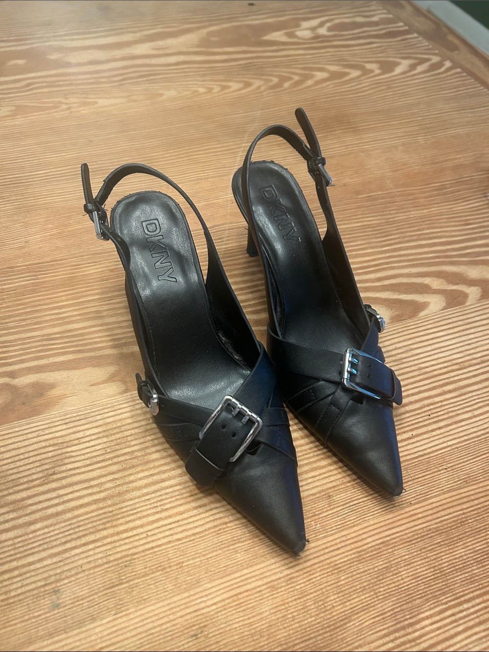 DKNY Black Pointed Slingback Heels with Buckle Accent